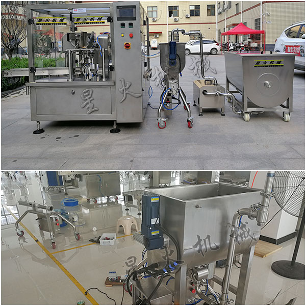 黃燜雞醬料自動包裝流水線現(xiàn)場實拍圖